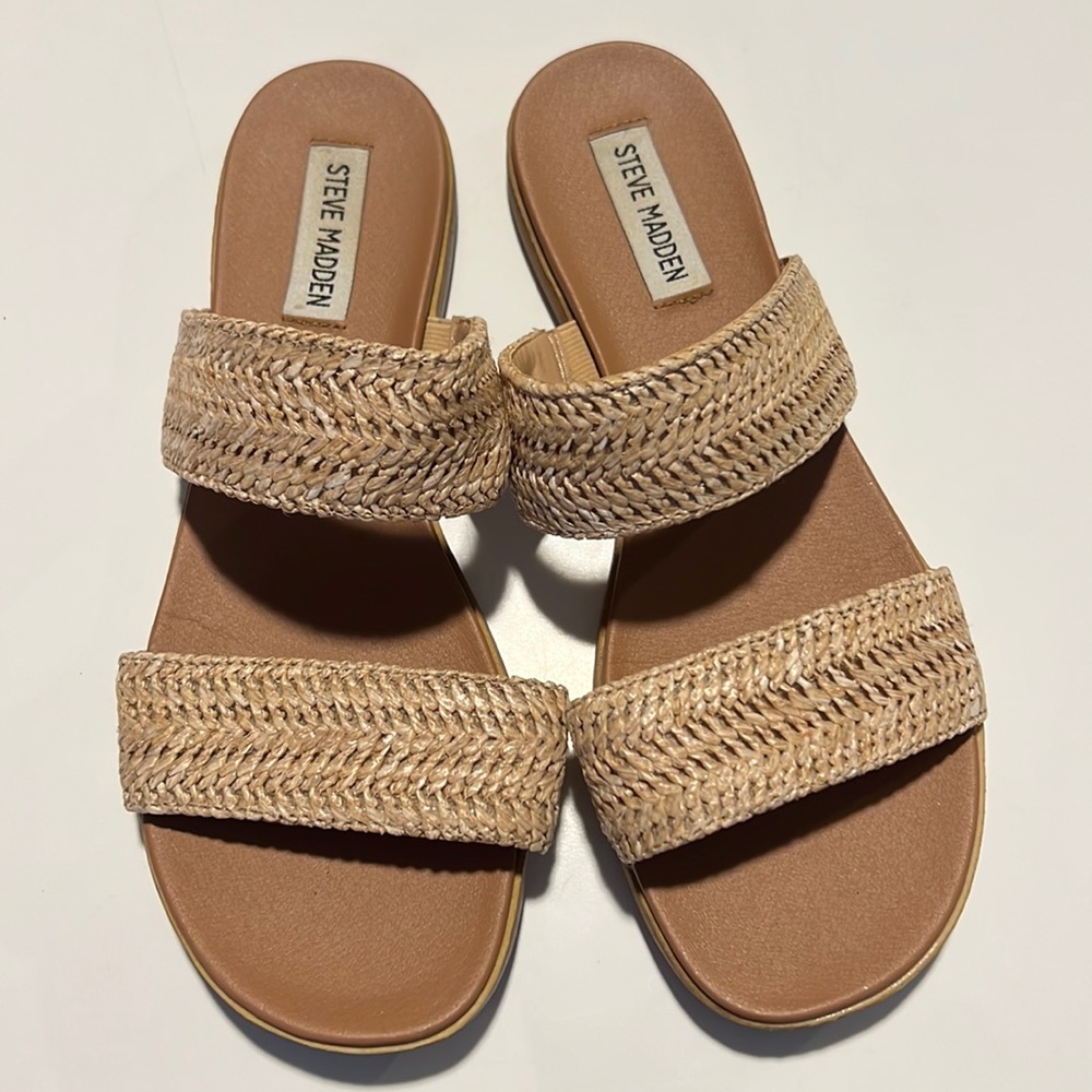 Steve Madden Dual Raffia Flat Slide Summer Sandals. Size 8M.